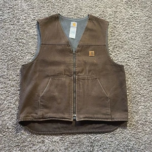Carhartt Vest Size XL Brown Duck Canvas Fleece Lined Full Zip - Pre-Owned - Picture 1 of 7