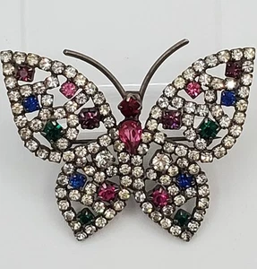 VTG Butterfly Brooch 2in Silver Tone Metal Multicolor Fiery Crystal Estate - Picture 1 of 18