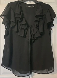 Usada en Excelente Condición Talla 1X Blusa Lauren Ralph Lauren Negra Sin Mangas Volantes, Con Cordones y Corbata - Imagen 1 de 8