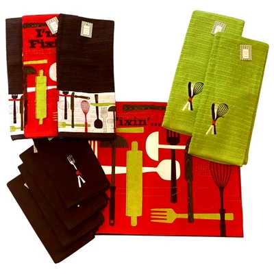 Juego de 13 piezas Simply Southern Fixin 4 manteles individuales 4 servilletas 5 toallas absorbentes - Imagen 1 de 4