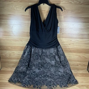 Neu mit Etikett SLNY schwarz Blumen bestickt Spitze V-Ausschnitt ärmellos knielanges Kleid Gr. 14 - Bild 1 von 17