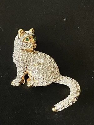 Broche prendedor placa dorada firmado cisne ojo verde gato gato cristal Swarovski Foto 1 de 4