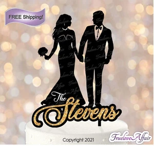Hochzeitstorte Topper - Braut & Bräutigam Silhouette personalisiert mit Glitzer Namen [TLA4] - Bild 1 von 4