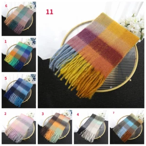 Women Faux Cashmere Wool Shawl Scarves Check Plaid Tassel Fringe Tippet Retro - Picture 1 of 25