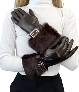 FENDI Vintage FF Logo Gloves #L Fur Fashion Accessory Brown Silver Leather - Picture 1 of 9