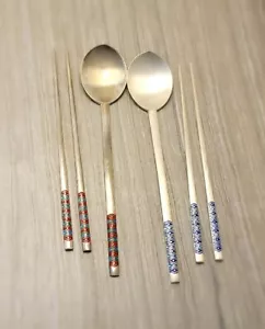 Korean 800 Silver 4 Chopstick 2 Spoon Set Blue and Red Enamel - Picture 1 of 7