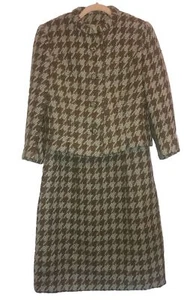 Vintage 50s Houndstooth Jacket & Dress Knit Set Tan & Blue Country &Town Sz XS/S - Picture 1 of 10