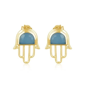 18k Yellow Gold Plated Hamsa Hand Design Blue Chalcedony Religious Stud Earrings - Picture 1 of 7