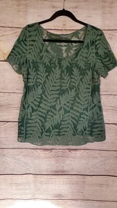 Capri Women's Green Leaf Embroidered Mesh Short Sleeve Blouse Size Medium - Picture 1 of 5