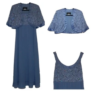 Maxi Vestido Azul 2 Piezas Floral Encaje y Lentejuelas Sin Mangas con Chaqueta Talla 8 Usado en Excelente Condición - Imagen 1 de 8