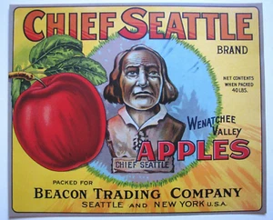 Original CHIEF SEATTLE apple crate label Beacon Trading Co Seattle Wenatchee Val - Picture 1 of 2