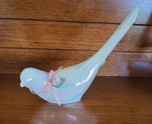 Fenton Iridescent Glass Bird Dove Opalescent White w Applied Pink Flower - Picture 1 of 13