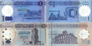 Libya 2 PCS Set: 1 &5 Dinars (2021) Polymer, p-85a, p86a, B550a, B551a UNC - Picture 1 of 3