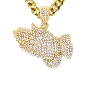 Iced Out Praying Hands Pendant Cuban Chain Necklace Gold Silver Tone CPB 703 - Picture 1 of 10