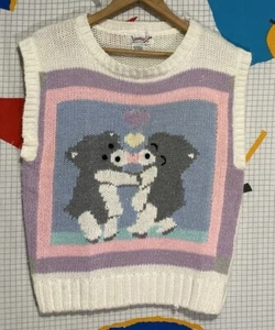 Vintage 80s Pastel Bears Sweater Medium Love Indie Heart Sleeveless Licorice - Picture 1 of 8