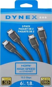 Dynex 2er Pack HDMI High Speed Kabel Ethernet 6 Fuß 10,2 Gbit/s 1080p Full HD kompatibel - Bild 1 von 3