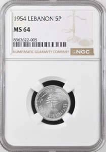 LEBANON , 5 PIASTRES 1954 - NGC MS 64 , RARE77 - Picture 1 of 2