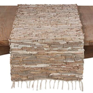 SARO LIFESTYLE Leather Chindi Table Runner Natural 16" x 72" - Picture 1 of 3
