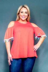 Womens Plus Size Orange Cold Shoulder Top Size 2X Fringe Accents - Picture 1 of 3