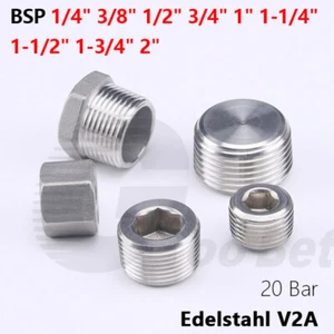 BSP Edelstahl Fittings V2A Gewindefitting Stopfen Kappe 1/4" bis 2" Zoll 20 Bar - Picture 1 of 39