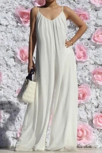 White Bohemian Wide Leg Palazzo Jumpsuit Dress Pantsuit Outfit Spaghetti Strap L - Picture 1 of 4