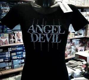 Women's Angel Devil short Sleeve Eternity Printed Logo & Rhinestone Art.