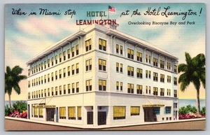 Vintage Leinen Postkarte Hotel Leamington Miami mit Blick auf Biscayne Bay - Bild 1 von 2