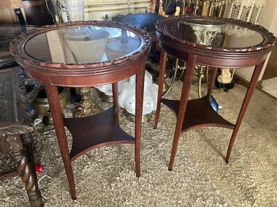 Vintage Mahogany Round Lamp Tables Pair Scalloped Tops With Glass Inserts - Image 1 of 4