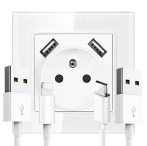 CLAY™ Prise encastrable murale électrique avec cache blanc + double ports USB - Photo 1/6