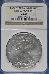 2011 W Burnished 1 OZ Silver American Eagle NGC MS 69 25th Anniversary - Picture 1 of 2