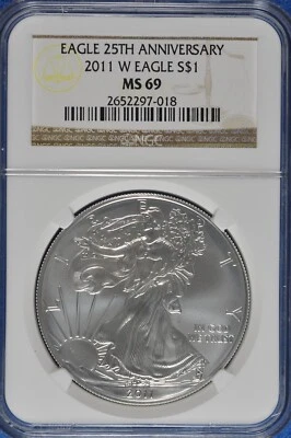 2011 W Burnished 1 OZ Silver American Eagle NGC MS 69 25th Anniversary - Image 1 of 2