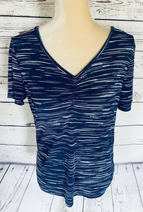 Blusa pequeña para mujer Jaclyn Smith mangas cortas cuello en V sedosa elástica azul blanco - Imagen 1 de 11