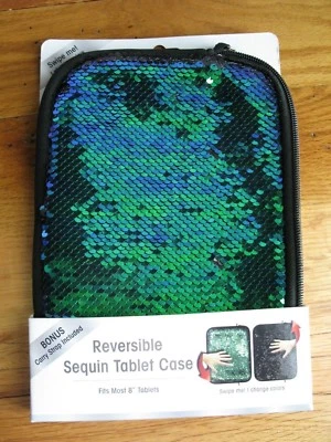 Funda reversible de lentejuelas para tableta de 8" y correa de transporte verde sirena negra NUEVA Foto 1 de 4