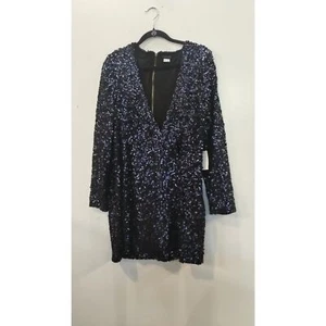 NWT Venus Dark Blue Deep V-Neck Heavy Sequin long sleeve mini dress - Picture 1 of 6