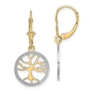 14k Two-Tone Gold Tree of Life RH Round Frame Leverback Earrings - Picture 1 of 7
