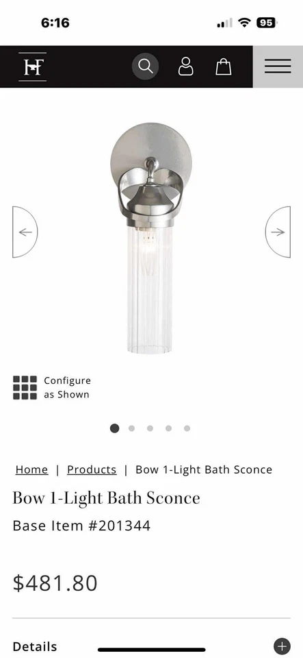 Hubbardton Forge 弓壁灯油磨青铜壁挂壁灯 — 第 1/4 张图片