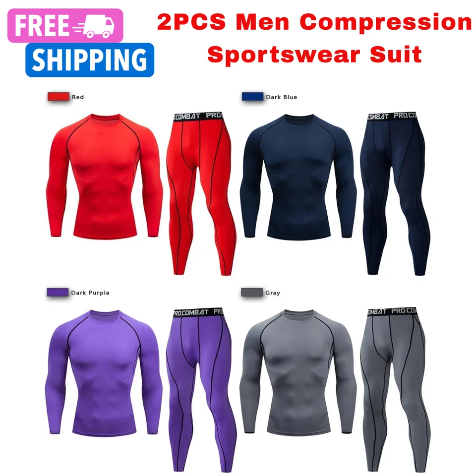 2PCS Men Compression Sportswear Suit Yoga Jogging Fitness Tracksuit Gym Fun Gift - Image 1 of 4