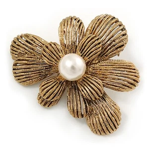 Spilla fiore testurizzato a strati di ispirazione vintage in metallo tono oro - 60 mm - Foto 1 di 4
