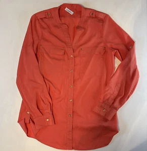 Calvin Klein Top Womens Sheer Button Down Shirt Orange Blouse No Size Tag Fits M - Picture 1 of 9