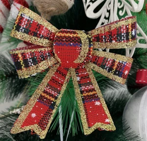 Decorazione Albero Di Natale Fiocco Tartan Scozzese Puntale Albero Glitter Oro - Foto 1 di 1
