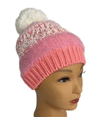 全新 粉色和白色 冬季 针织 豆豆帽 毛皮 内衬 Pom Pom 成人 — 第 1/4 张图片
