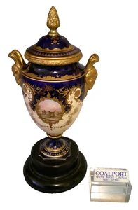 Splendido antico vaso e coperchio Coalport blu cobalto e oro vista maschera leone manici - Foto 1 di 14