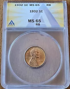 1932 Lincoln Wheat Cent - Stunning Gem ANACS MS 65 RB + Free Shipping - Picture 1 of 2