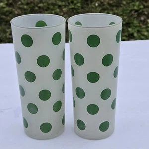 Anchor Hocking Tall Frosted Iced Tea Glass (2) Green POLKA Dot Retro MCM - Picture 1 of 12