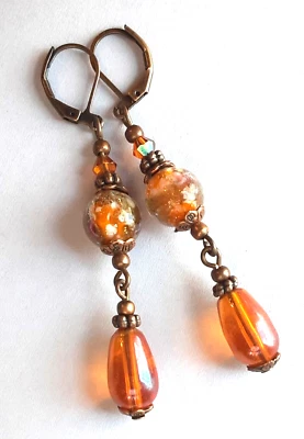 Pendiente colgante LAMPWORK & ÁMBAR COLOR COBRE PALANCA hecho a mano XLW Foto 1 de 4