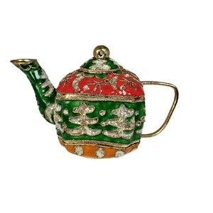 Cloisonné Tea Pot Christmas Ornament White, Red Green Orange 2" Tree Mantle - Picture 1 of 6