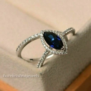 14K White Gold Over 2CT Marquise Cut Real Blue Sapphire Wedding Halo Ring Woman - Picture 1 of 5