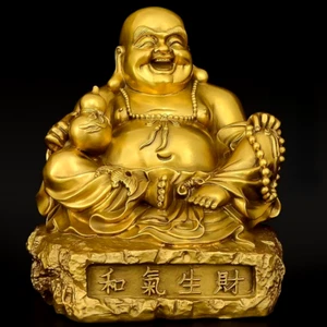 Kupfer Glücksbuddha Maitreya Happy Buddha Feng Shui Figur Statue Skulptur Dekor - Bild 1 von 9
