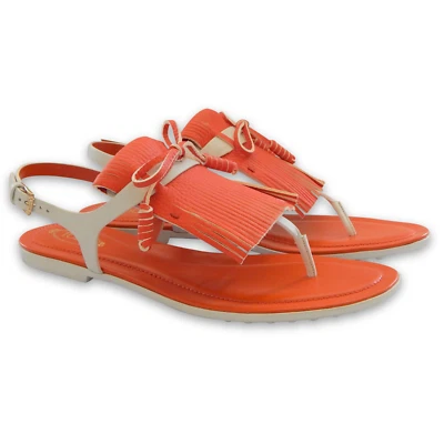 NWB TOD'S Orange & White Lather Tasseled Thong Flat Sandals, Size 40 - Image 1 of 4