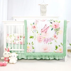 4-Piece Crib Bedding Set, Baby Girl Crib Bedding Set Butterflies Floral Nursery - Picture 1 of 2